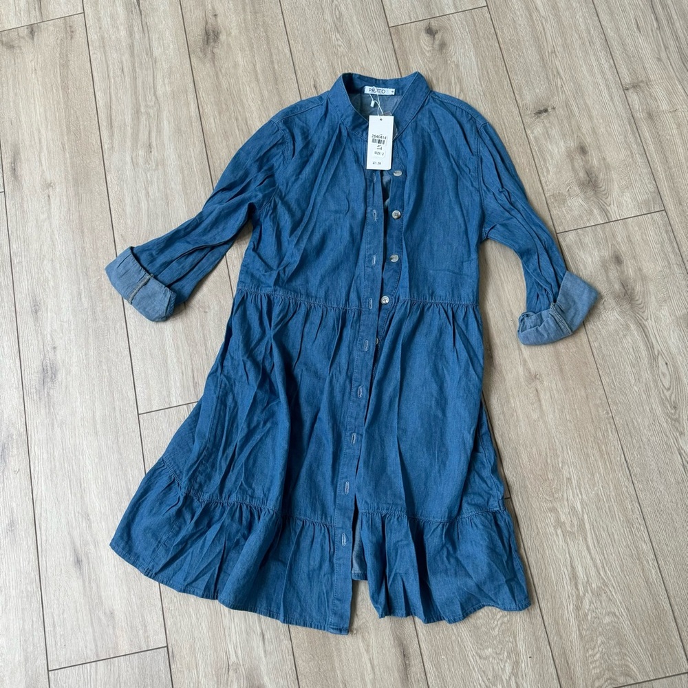 women’s button down tiered blue denim dress size small brand new